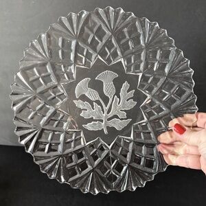 Set of 4 Antique EAPG Thistle Dinner Plates 10.5” Frosted Cut Glass Ruffled Rim